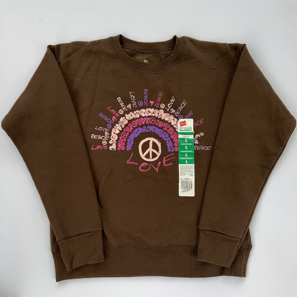 Hanes Y2K Soft Sweats Girls Sz L 10/12 Brown Metallic Peace Love Sweatshirt NWT